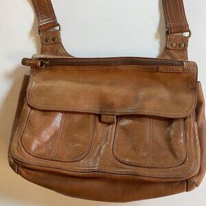 Fossil Tan Leather Crossbody Shoulder Bag With Adjustable Strap & Front Pockets